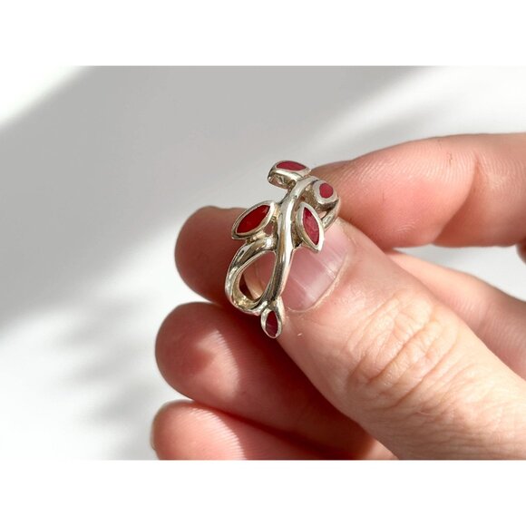 Olive Branch Natural Coral Accented Wrap 925 Sterling Silver Vintage Ring - sz 6 - Picture 7 of 13